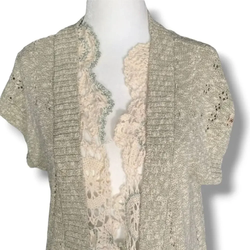 Upcycled Linen Blend Crochet Trim Knit Cardigan Vest Boho‎ Cottagecore Romantic